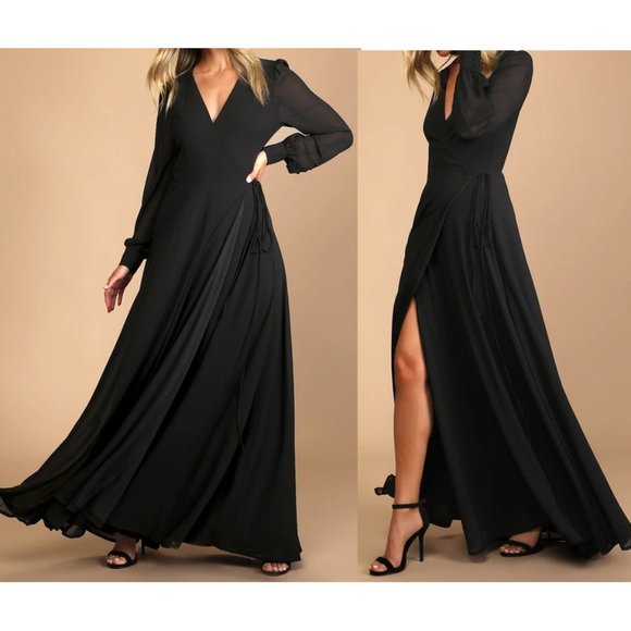 Lulus Dresses & Skirts - Lulus My Whole Heart V-Neck Wrap Maxi Dress w/Long Sheer Sleeves & Button Detail